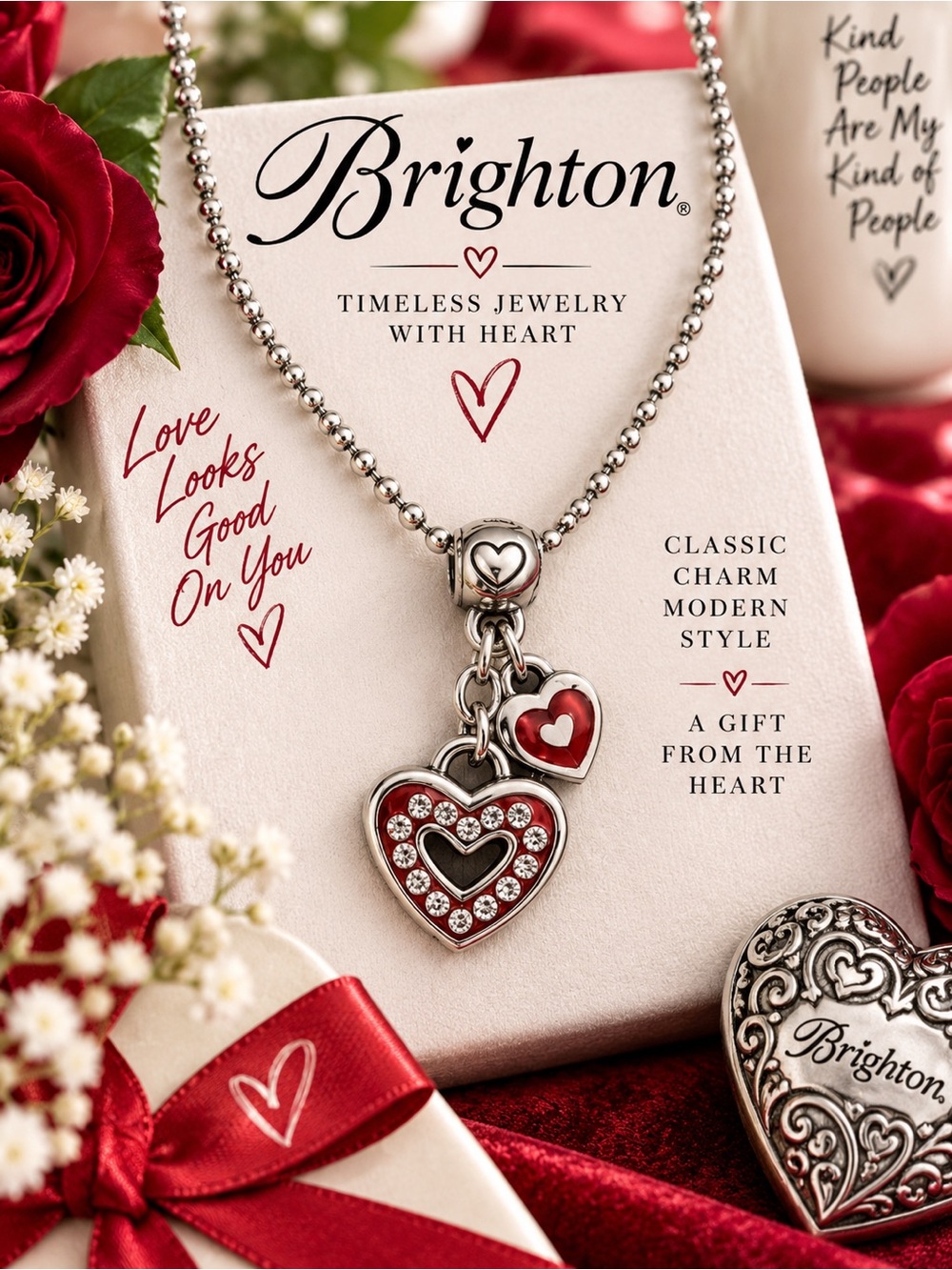 Brighton Vintage Silver &  Red Enamel Hearts Charms Pendant Necklace